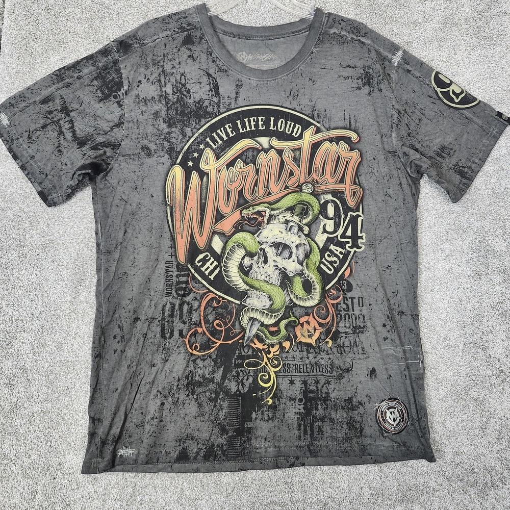 Wornstar Shirt Mens 2XL Gray Skull Snake Dagger Graphic Rock Tee Cotton Biker